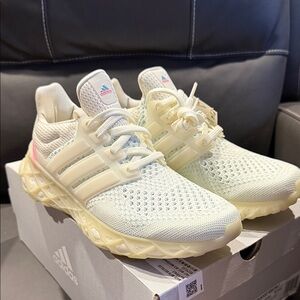 adidas Cream Knit Sneakers with Pink Heel Accent